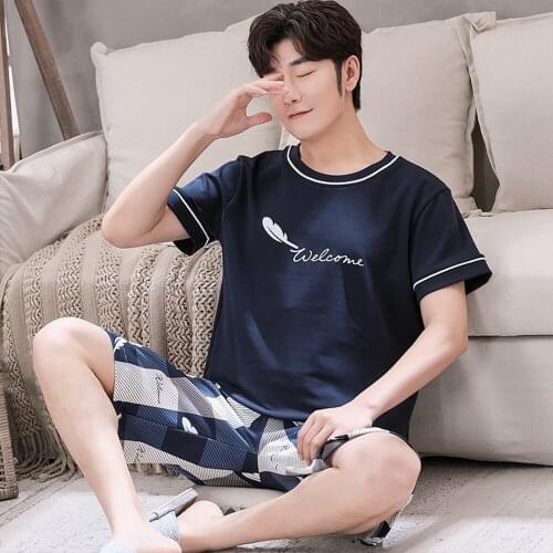 Summer Sleepwear Cotton Pajama Sets Fashion Letter Print Casual Short Sleeve Top Pijama Striped Shorts Plus Size Pajamas For Men