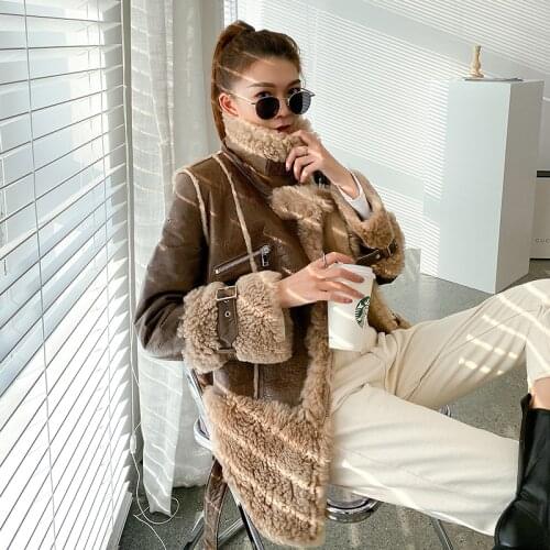 Fashion Motorcycle Female Jacket Autumn Winter Real Wool Fur Coat Womens Clothing Warm Womens Coats Ropa De Mujer Zjt1657