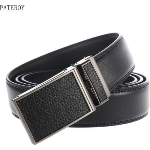 2021 Pateroy Mens Leather Belt Business Cowhide Ratchet Belt High Quality Alloy Automatic Buckle Blac Waist Strap Luxury Brand
