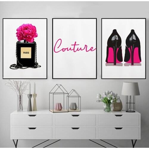 Pink Perfume Art Poster High Heels Canvas Painting Makeup Wall Art Paintings Couture Poster Wall Pictures for Living Room Decor