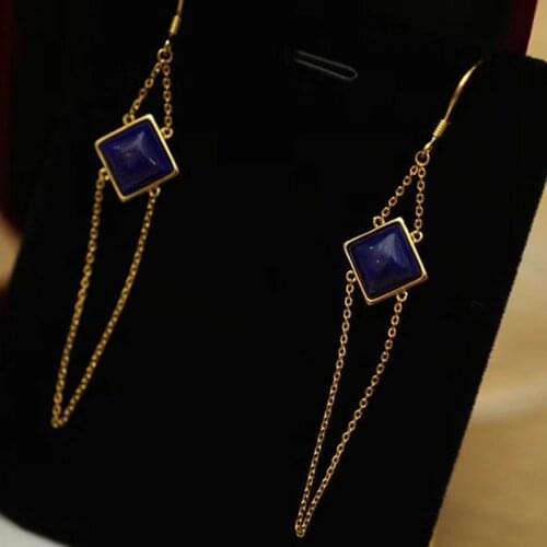 Designers unique creative natural lapis lazuli long geometric diamond earrings elegant charm creative female silver jewelry
