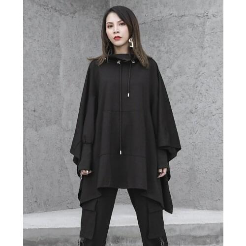 Spring and autumn new irregular pure color bat shirt kangaroo pocket drawstring loose large casual fashion hoodie
