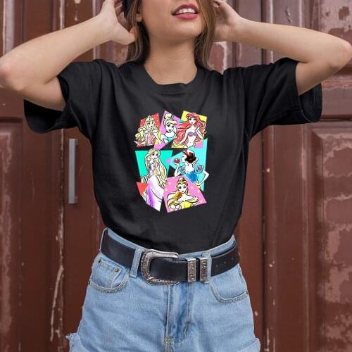 Summer New Products Kawaii Princesses T-Shirts Women Comfortable Disney Color T Shirts Female Outdoor Trend Series Loose O-Neck