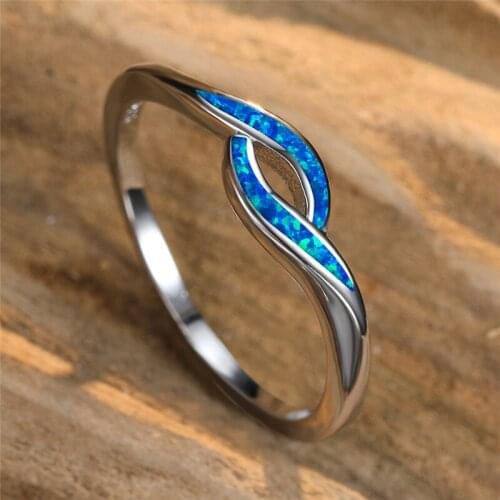 Charm Hollow Geometric Engagement Ring Cute Female White Blue Opal Ring Dainty Silver Color Thin Rings For Women Wedding Jewelry