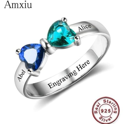 Amxiu Custom Two Names Wedding Rings 100% 925 Sterling Silver Heart Zircon Jewelry Engagement Ring For Women Girls Accessories
