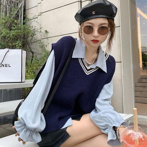 Zoki Autumn Vintage Knitting Tanks Women V Neck Sleeveless Sweater Vest Elegant Lady Pullover Korean Student Tank Top New 2021