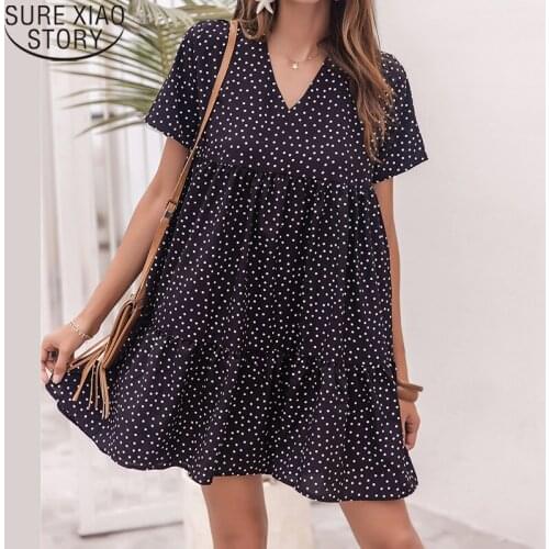 2021 Fashion Plus Size Polka Dot Dress V-neck Black A-line Mini Dresses Casual Loose Summer Short Sleeve Dress Vestido 15083