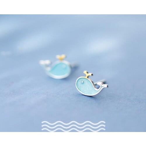 Shuangshuo Bohemian Style Lovely Blue Whale Stud Earrings Real 925 Sterling Silver Earrings for Women Girls Birthday Gift