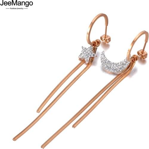 JeeMango Titanium Stainless Steel Moon & Star Tassel Earrings Rose Gold Fashion Bohemia Party Dangle Earrings For Women JE20197