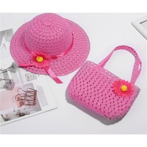 2021 New Summer Elementary School Student Children Beach Hats Set Wide Brim Straw Wide Hat Childrens Holiday Travel Bags Gorras