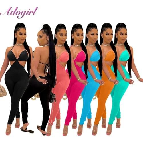 Solid Spaghetti Strapless Bandage Skinny Jumpsuit Sexy Halter Bra Hollow Out V Neck Backless Party Club Rompers Outfit Overalls