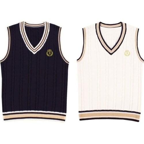England Style Jk Uniform Knitted Sweater Vest Women Blue White Embroidered V-neck Loose Casual Uniform Cottagecore Sweater Vest