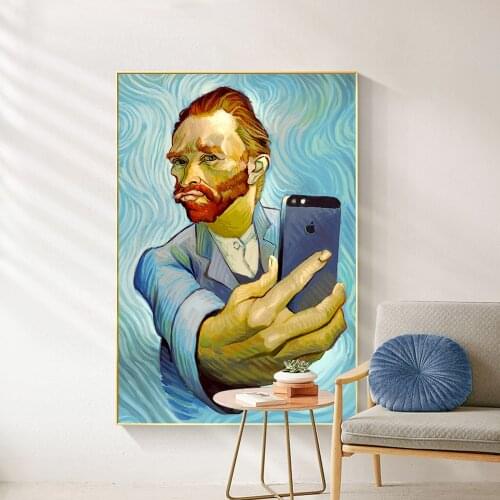 Van GoghS Selfie Photo With Phone Posters And Prints Canvas Art Wall Portrait Painting For Living Room Cuadros For Room Decor