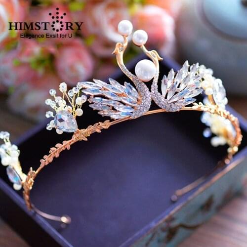 Himstory Elegant Double Lovers Swan Pearl Tiara Crowns Clear Crystal Wedding Hair Accessories Bridal Hair Jewelry