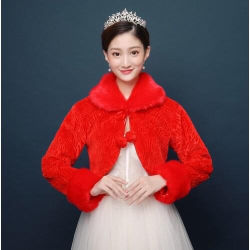 In Stock Red Fur Shawl Wedding Wrap Women Winter Long Sleeves Bridal Wraps Warm Fur Boleros Bridal Jacket Elegant Evening Coat