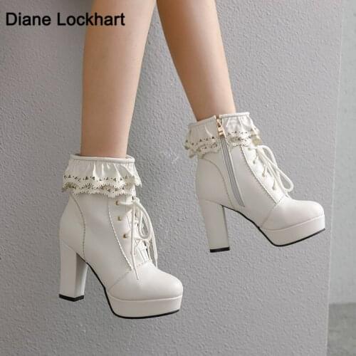 2021 Women Plus Size High Heels Ankle Boots Lace Cross Straps Waterproof Platform Fashion Zip Ladies Casual Solid Boots 32-43