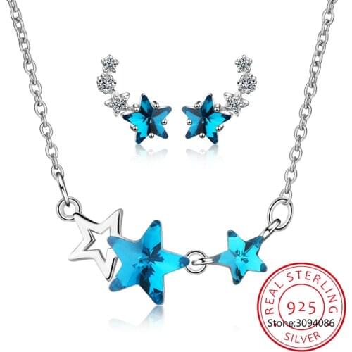 Jewelry For Women Accessories 925 Sterling Silver Set Blue Star Crystal Stud Earrings Wedding Necklaces Fashion Party Girl Gift