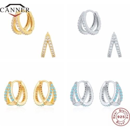 CANNER Real 925 Sterling Silver Hoop Earrings for Women 2 Row Turquoise Zircon Earring Piercing Earings Jewelry pendientes Gift