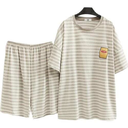 2021 Summer Ladies Pajamas Sets Soft Breathable Polyester Women Stripe Nightgown Outfit Set vetement femme костюм женский летний