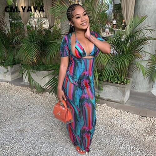 CM.YAYA Women Long Dress Print Short Sleeve O-neck Stretchy Bodycon Maxi Dresses with Bra Sexy Fashion Outfit Summer Vestidos