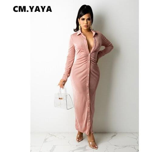 CM.YAYA Women Long Dress Solid Full Sleeve Turn-down Collar Single Breasted Stretchy Skinny Dresses Office Lady Vestidos Autumn