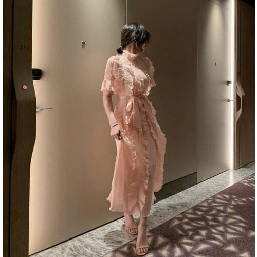 Women Sheer Summer Dress 2020 Half Sleeve Corset Chiffon Pink Dress Ladies Ruffle Pleated Elegant Party Dresses Women Sukienki