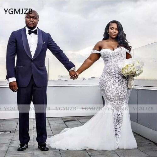 Off Shoulder Lace African Mermaid Wedding Dress for Women 2020 Plus Size Bridal Dress Wedding Gown Vestidos de novia