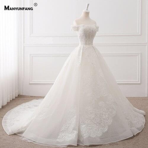 Luxury Off the Shoulder Beading Cathedral Train Wedding Dress for Women Custom Made Boat Neck Lace Up Back Bridal Ball Gown