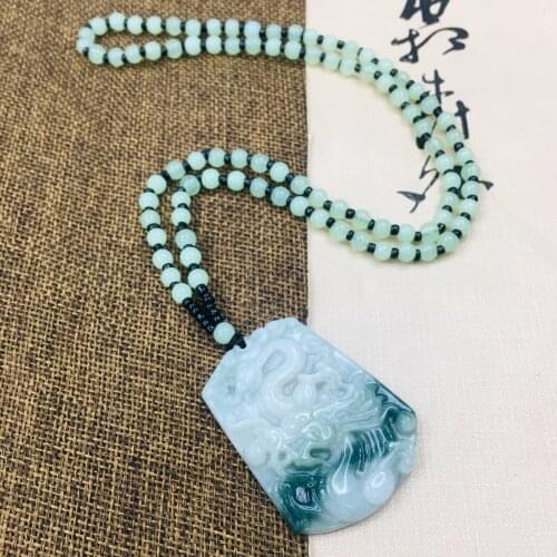 Zheru Pure natural Jadeite carved light green dragon pendant with green beads necklace Send A-level certificate