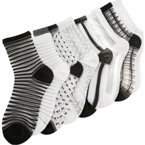 5 Pairs/lot Womens Socks Comfortable Sheer Silk Summer Ankle Transparent Crystal Lace Black White Ladies Socks Calcetines Girl