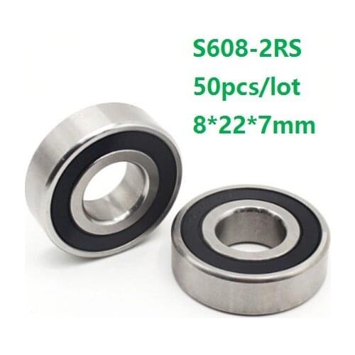 50pcs/lot ABEC-5 S608RS S608-2RS S608 2RS RS 8x22x7mm Double rubber cover Stainless steel Deep Groove Ball bearing 608-2RS
