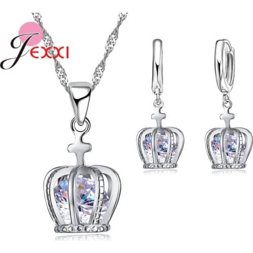 Fast Shipping Woman Jewelry Sets Real Pure 925 Sterling Silver Cross Crown Pendant Necklace Korea Stylish Lever Back Earring