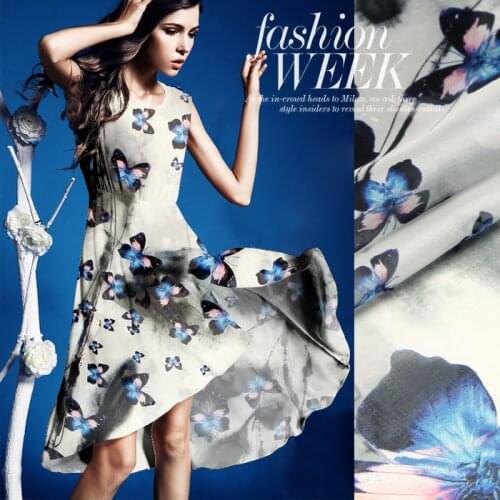 Blue butterfly ! 140cm wide 8mm thin cool silk chiffon fabric for summer dress shirt clothes clothing decoration