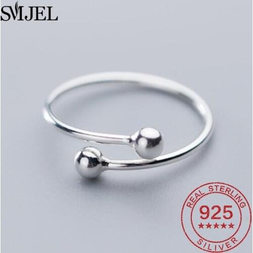 Real 925 Sterling Silver Simple Double Ball Open Adjustable Rings for Women Fashion Band Geometric Finger Ring Silver Jewelry