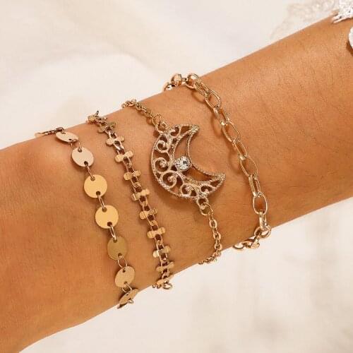 4 Pcs/Set Hollow Moon Charm Gold Color Link Chain Bracelets Set for Women 4 Styles Basic Chain Bracelets Wristband Adjustable