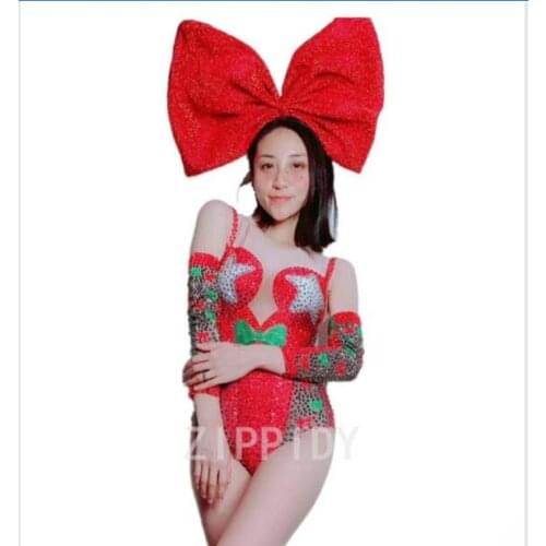 Birthday Party Outfit Stage Nightclub Women Singer Dance Show Wear Red Stones Flashing Bodysuit Spandex Leggings Outfit Women