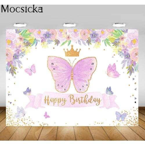Mocsicka Happy Birthday Backdrop Child Girl Butterfly Birthday Party Photo Background Purple Flower Gold Crown Photography Props
