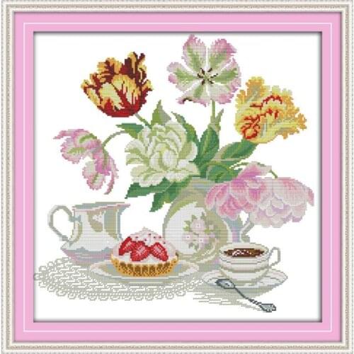 Manual diy Cross stitch Kit Simple Modern Tulip Flowers Beautiful Vase Furniture Cloth Decoration Wholesale Painting