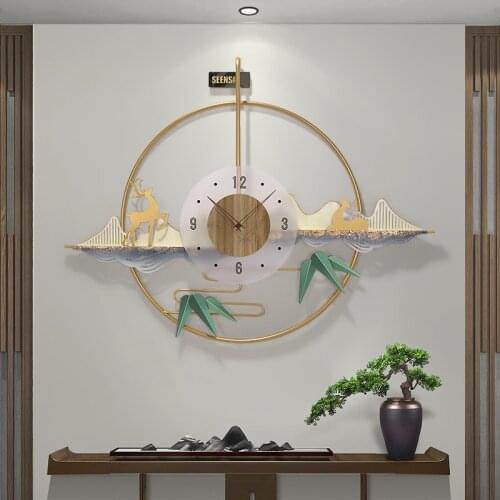 Nordic Luxury Wrought Iron Landscape Deer Leaf Wall Clocks Home Livingroom Wall Sticker Crafts Porch Lobby Wall Mural Decoration