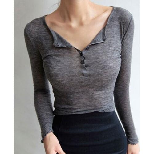 Shintimes Long Sleeve Slim Skinny Solid T Shirt Women 2021 Button Korean Style Fashion Tops Spring Autumn T-shirt Woman Clothes