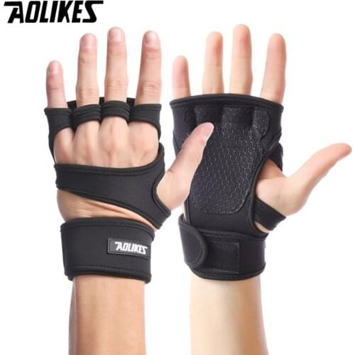 AOLIKES 1Pair Non-Slip Weightlifting Gloves Crossfit Wristbands Gym Weights Dumbbell Barbell Fitness Bodybuilding Training