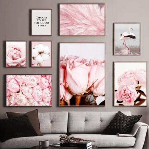 Self-adhesive Wall Stickers Pink Peony Flower Bud Cotton Flamingo Feather Art Posters Prints Wall Picture For Living Room Decor