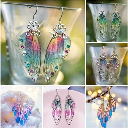 Minar Temperament Neon Rhinestones Cicada Wings Earrings Fantasy Resin Butterfly Gradient Rainbow Blue Sequin Long Drop Earrings