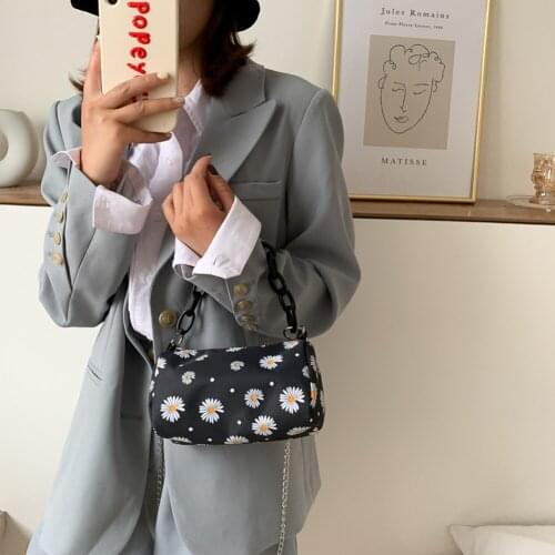 Daisy Flower Handbag Purse Beach Holiday Women Ladies Canvas Simple Chain Small Shoulder Crossbody Bucket Bag