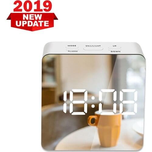 LED Square Digital Alarm Clock USB Charging Electronic Clock PC Anti-drop Makeup Mirror Night Temperature Brightness Can Be Set