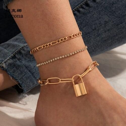 Tocona 3pcs/sets Luxury Crystal Stone Lock Anklets for Women Gold Color Chain Foot Adjustable Jewelry Accessories 15508