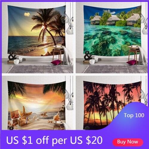 Tropical Palm Tree Leaves Tapestry Wall Hanging Seaside Sunset Landscape Tapestries Yoga Beach Towel Bohemian Decor for Home