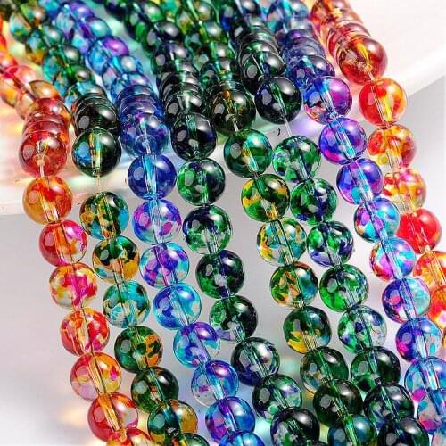 Jewelry DIY Beads Two Tone Spray Painted Transparent Glass Bead Strands,Round,Mixed Color,8mm,Hole:1mm;about 104pcs/strand,31.5"