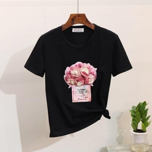 Short Sleeve plus size Woman Xia bohemian Perfume Bottle Three-dimensional Flower Printing plus size tops t-shirt women