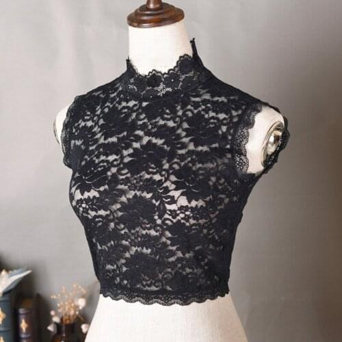 Women Decorative Floral Lace Faux Collar Stand Collar Scalloped Trim Sleeveless Vest Mock Neck Dickey Half Shirt Tops